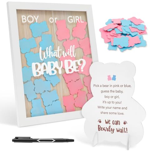 BOBASH Wooden Gender Reveal Voting Board Baby Shower Guest Book Alternative with 50 Bear Wood Chips, Boy or Girl Gender Reveal Party Decoration, Keepsake Photo Frame for Nursery Wall & Tabletop Deco