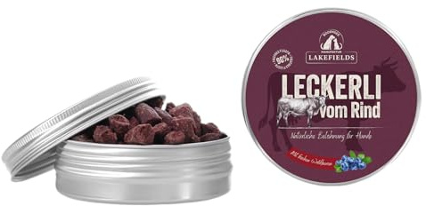 Lakefields Hundeleckerli | Trockenfleischwürfel vom Rind | 50g | 90% Rindfleisch | Getreidefreie Hunde Snacks mit Kartoffeln & Waldbeeren | Knusprige Belohnung für Zwischendurch | Ohne Zusätze