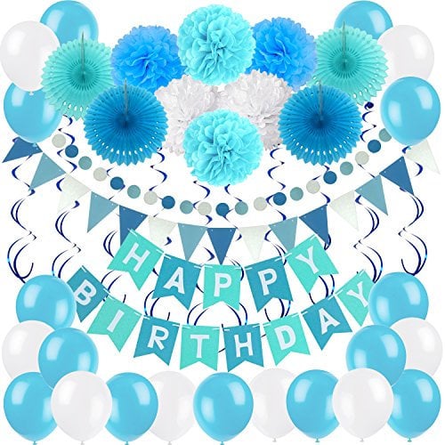 ZERODECO Geburtstagsdeko, Happy Birthday Wimpelkette Banner Girlande mit Pompoms Papier Girlande Fans Fächer Dreieckige Wimpel Spiral Girlanden und Luftballon - Blau