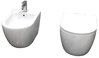COPPIA SANITARI SOSPESI VASO CON COPRIVASO SOFT-CLOSE + BIDET SERIE TONDA CURVA TECNICA E FISSAGGI INCLUSI