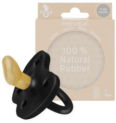HEVEA Sucette Bebe PHYSIOLOGIQUE caoutchouc naturel / 3-36 mois - Sans BPA, PVC, ni Phtalates - Design Danois Tétine avec 4 Trous de Ventilation - Hygiénique - Boite unitaire (Noir)