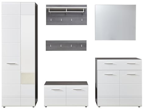 trendteam smart living - Line - Garderoben-Set (Garderobenschrank + Sitzbank + 2 Wandpaneele + Schuhkommode + Wandspiegel) - Rauchsilber/Weiß Hochglanz - (BxHxT) 250 x 191 x 36 cm - Kratzfest