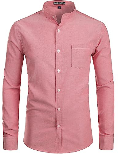 PARKLEES Mens Hipster Design Grandad Collar Oxford Shirt Slim Fit Long Sleeve Casual Button Down Dress Shirts with Pocket Red XXL