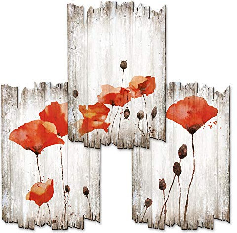 Kreative Feder Shabby Chic Landhausstil Wandbilder Holz | Deko-Schilder aus Holz im 3er Set | Wanddeko für Ihr Zuhause | in 30x20cm (Mohn)