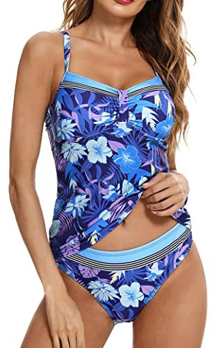 Aottori Tankini Donna Mare Costume da Bagno Due Pezzi Push Up Canottiera e Pantaloncino Beachwear Scollo a V Sexy Swimwear Stampa Taglie Forti per Spiaggia Piscina Blu/Fiore XXL