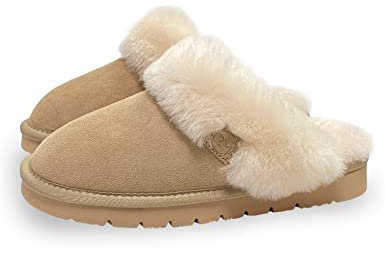 Rohn Moden Lammfell Hausschuhe Talea für Damen, echt Schaffell Pantoffel, atmungsaktive Pantoletten, Slipper mit fester EVA-Sohle in Premiumqualität, Schlappen in braun (numeric_36)