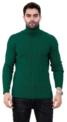 janisramone® Mens High Polo Roll Neck Jumper, Long Sleeve Cable Knitted Pullover Winter Jumpers for Men UK, Casual Turtle Neck Sweaters Bottle Green