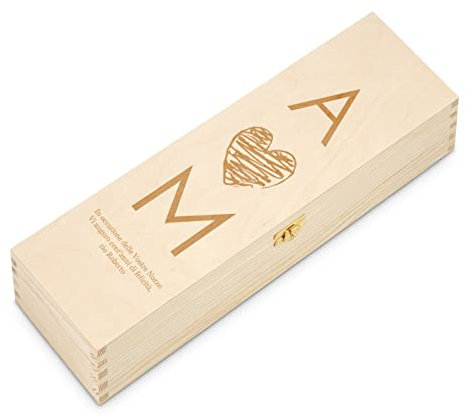 Maverton Scatola Portabottiglie Personalizzata - per 1 Bottiglia di Vino da 0,7 l - in Legno di Pino Grezzo - Incisione Laser - per le coppie - Iniziali