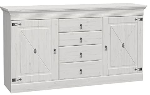 Newroom Sideboard Pinie Weiß Kommode Landhaus Modern - 171,3x93,6x45 cm (BxHxT) - Highboard Anrichte - [Tambika.one] Wohnzimmer Wohnstube