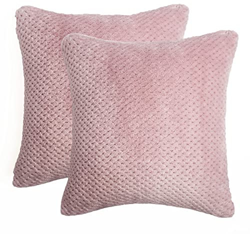 Brentfords Waffle Fleece Cushion Covers Set of 2 Plush Scatter Home Decor Pack 45 x 45 cm, 18 x 18 - Blush Pink