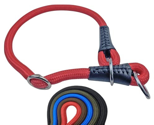 Soft Cord - Hundehalsband mit Zugbegrenzung, Nylon Halsung, Zugstopper, rot, XL - 60cm, einstellbar, robust, wetterfest, innen textilverstärkt und Endkappen aus Leder