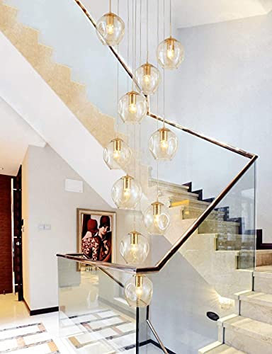 EQEEN Lustres 10 Boules De Verre Escalier Lustre Long Pendentif Lumière Duplex Bâtiment Grand Lustre Salon Villa Escalier Creux Lampe 40x200cm, Ampoules Incluses