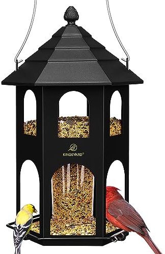 Kingsyard Metal Bird Feeder for Outdoor Hanging, Wild Bird Feeders with Circular Perch, Easy to Clean & Refill, 4 lbs Large Seed Capacity, Black