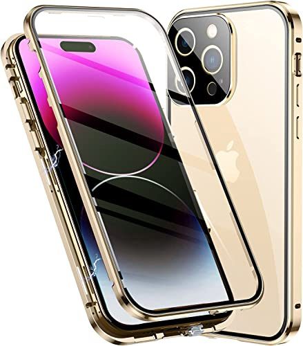 LIUKM Hülle für iPhone 14 Pro Magnetische Adsorption Handyhülle 360 Grad Stoßschutz Vorne hinten Gehärtetes Glas Schutzhülle Metallrahmen Case - Golden