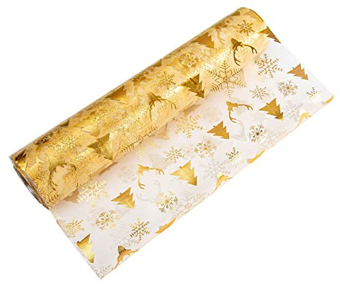 Tischläufer Gold Rolle 5mx28cm, Tischläufer Weihnachten Gold Glitzer Tüll, Tischband Weihnachten Papier, Weihnachtsläufer Tisch Abwaschbar, Weihnachtsdeko Innen Tischdeko Amerikanisch (Rentier)