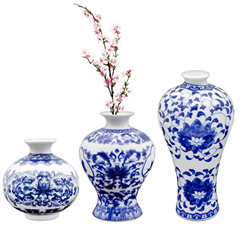 AuldHome Blaue und weiße Porzellanvasen, 3er-Set, Mini-Vasen für Bauernhaus, Cottagecore und Vintage-Dekor