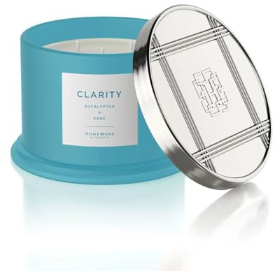 Duftkerze mit 3 Dochten, 400 ml, Aromatherapie-Glas, Silberdose, Deckel mit Klarheit, Eukalyptus und Salbei