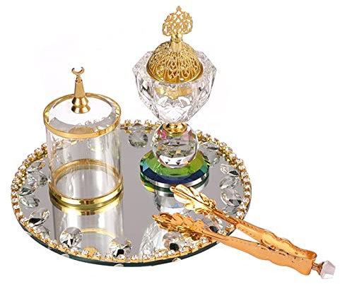 JISADER Brûleur d'encens Arabe avec Pot de Rangement Porte-encens Ornement de Table avec Plateau Miroir, encensoir à Pince pour Chambre à Coucher Ramadan Spa
