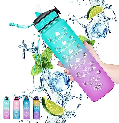 Gaiayhc Sports Water Bottle 1 L,Motivational with Time Marker and Straw,30oz Leakproof Design for Sports,Hiking,Gym,Fitness,Outdoor,Cycling,School & Office, Gradient Purple Blue