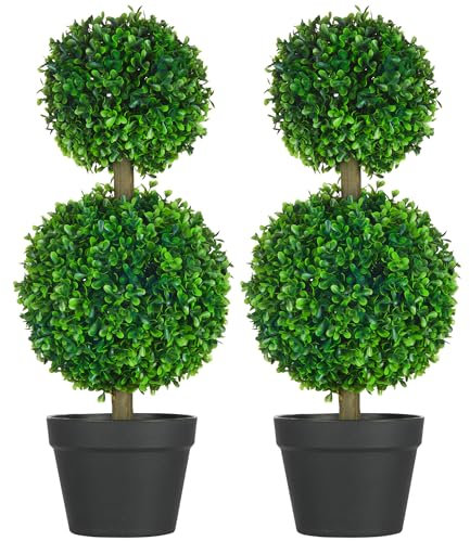 HOMCOM Set da 2 Piante di Bosso a 2 Sfere Realistico con Vaso incluso, Fondo Rinforzato ed erba, in Cemento, PE e PP, 60 cm, Verde