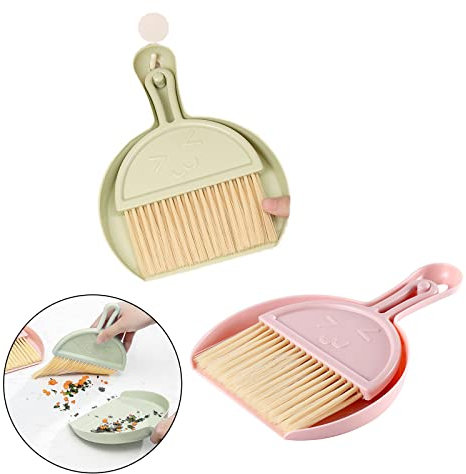 KALUROIL 2 PCS Set Mini Scopa e Paletta, Mini Plastica Paletta Spazzola, Set Scopa Piccola per Bambini, Strumento di Pulizia Multifunzione con Scopa Paletta per Ufficio (Verde+Rosa)