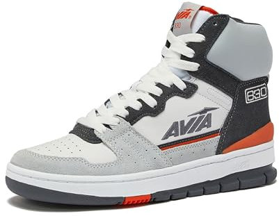 Avia 830 Basketballschuhe für Herren, Retro, High-Top-Sneaker, für drinnen oder draußen, Straße oder Platz, Größe 40 bis 44, Weiß/Silbergrau/Dunkelgrau, 10.5 Women/9 Men