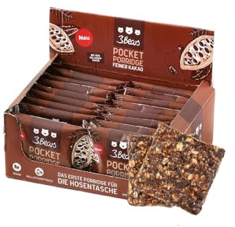 3Bears Pocket Porridge Haferriegel - Feiner Kakao | 16 x 55 g vegane Müsliriegel mit köstlichem Kakao-Geschmack und 40% Vollkorn-Haferflocken I als ballaststoffreicher Snack To-Go