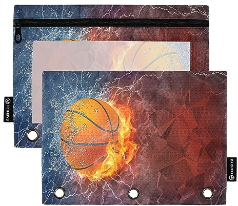 Binder Pencil Pouch 3 Ring Zipper Clear Window Pen Case Big Capacity Cosmetic Bag Storage Container for Storing Office Supplies 2 Pack Basketball Ball on Fire Water Lightening