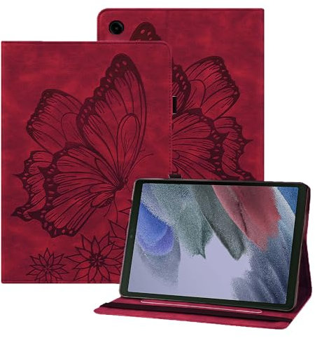 Rostsant Funda Samsung Galaxy Tab A9+ 11 Carcasa de Cuero PU Relieve de Mariposa con Soporte para Bolígrafo Funda Tableta para Samsung Galaxy Tab A9+ 11 Pulgadas SM-X210/SM-X215/SM-X216 Rojo