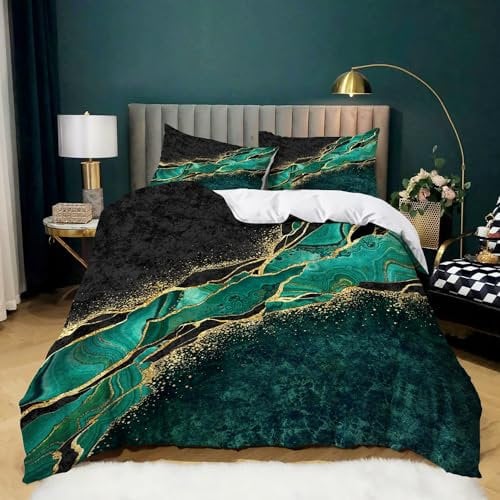 XCQHZYQ Marmor Kinder Bettwäsche 135x200 cm Weiche Mikrofaser, 3-Teilig Bettbezug mit 2 Kissenbezüge 80x80 cm, Schwarzer Grüner Bügelfreie Bettwäsche-Set Einzelbett