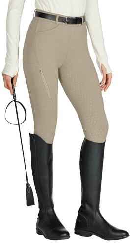 WILLIT Reitleggings Damen Reithose Silikon Vollbesatz High Waist Stretch Reithose mit Reißverschlusstasche Gürtelschlaufen Khaki S
