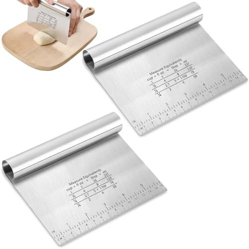 2 Stück Teigkarte Edelstahl, Teigschneider mit Messskala, Stainless Steel Dough Scraper, Edelstahl Teigschneider Teigmesser, Teigtrenner für Brot,Pizzateig,Kuchen,Torte,Plätzchen, Küchenbedarf