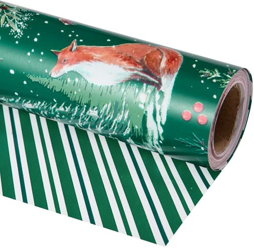 LeZakaa Umkehrbare Weihnachts-Geschenkpapierrolle – Fuchs, Eichhörnchen & Weihnachtsbaum-Muster, grüne Streifen für Urlaub, Party – 43,2 cm x 10 m (46,45 m²)