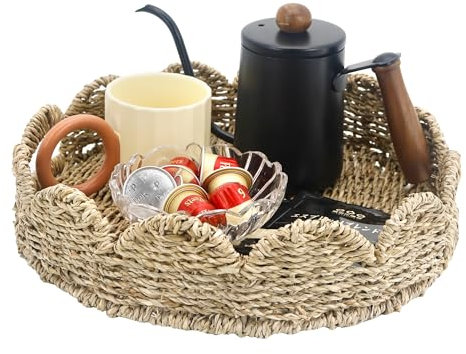 FramePro Vassoio rotondo con bordo smerlato, vassoio rotondo con manici integrati, vassoio decorativo per tavolino da caffè, vassoio in rattan di alghe marine