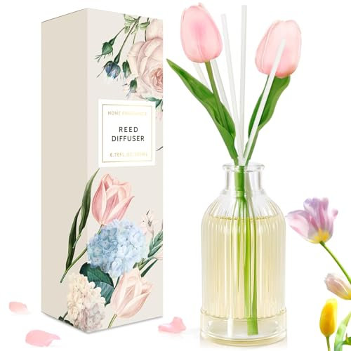 Scent-Hi Reed Diffuser 200ml Fragrance Reed Diffusers, Aromatherapy Diffuser Set with 6 Fiber Sticks, Long Lasting Home Indoor Fragrance Reed Diffuser Set, Tulips