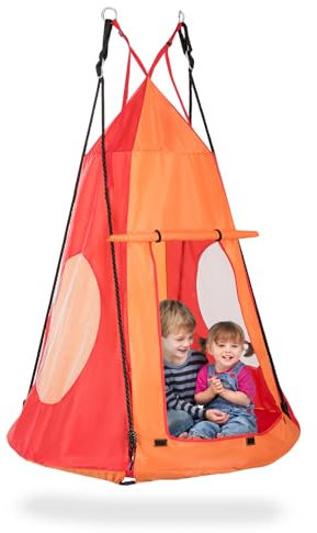KOMFOTTEU Nestschaukel mit Zelt Ø100 cm, Kinderschaukel Tellerschaukel mit Fenster & höheverstellbaren Seilen, Gartenschaukel Hängezelt 150kg belastbar für Kinder, Indoor & Outdoor (Orange)