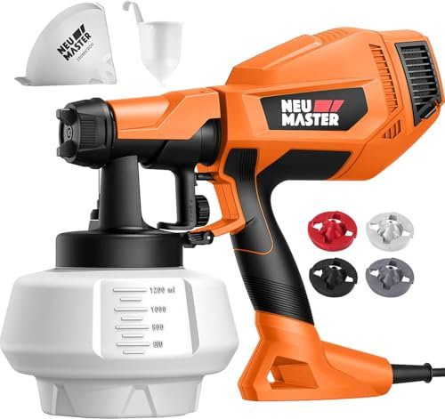 NEU MASTER Pistolet a Peinture Électrique, [500W/1200ml/4 Buses/3 Modèles] Pistolet électrique HVLP pour Intérieur et Extérieur de Maison, Armoires, Clôtures, Plafonds