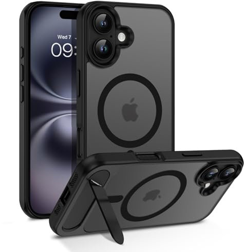 VENINGO for iPhone 16 Case, Compatible with Mag Safe Invisible Stand Matte Translucent Shockproof 360 Protective Magnetic Slim Case for iPhone 16, Black