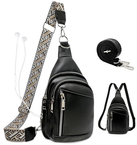 Kaiyaner Brusttasche Damen Umhängetasche Herren Crossbody Bag Gürteltasche 2 in 1 Rucksacktasche Klein mit Abnehmbare Schultergurte, Leders chultertasche für Reisen,Einkaufen,Outdoorsport Schwarz