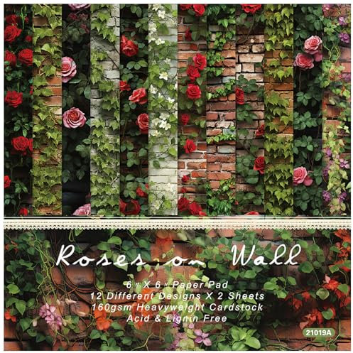 ZAKHSE Motivpapier zum Basteln, 48 Blätter Blumenmuster Designpapier, 15,2x15,2cm Rose an der Wand Einseitig Bedrucktes Dekoratives Bastelpapier, Gemustert Dekopapier für Hochzeit Karten Gestaltung