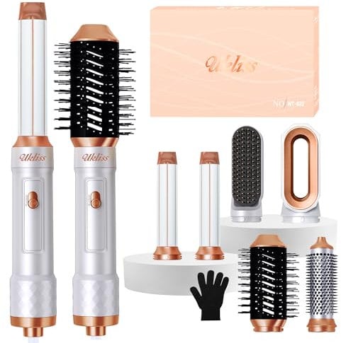 UKLISS Airstyler 6 in 1, Ionen Haartrockner & Haarstyler mit Luft Lockenbürste Auto, Thermal Brush, Rundbürstenföhn, Warmluftbürste, Geschenke Set für Frauen Föhnen, Volumen, Glätten, Locken (Weiß)