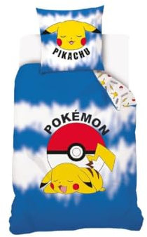 My sweety pop Bettwäsche – 2-teilig – Kinder – Bettbezug – 140 x 200 cm – Kissenbezug – 70 x 90 cm – 100 % Baumwolle (Pokémon – Blau/Weiß)