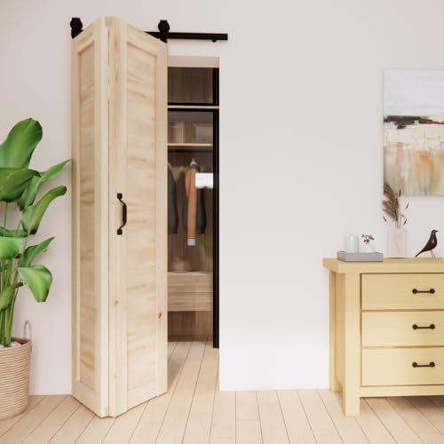 SEART Porte coulissante en chêne massif avec ferrure de porte coulissante bifold 100 x 210 cm (bois brut)