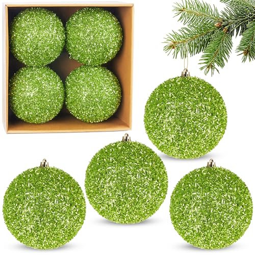 BRUBAKER Glitzer Weihnachtskugeln - 4er Set große Glitter Baumkugeln - 10 cm Christbaumkugeln Bruchsicher aus Kunststoff - Christbaumschmuck für Weihnachtsdeko - Weihnachtsbaumkugeln - Grün