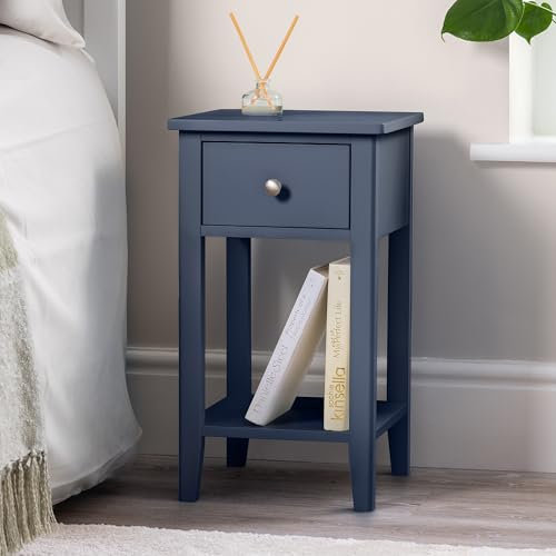 CHRISTOW Slim Navy Blue Bedside Table With Drawer & Shelf, Modern Narrow Bedroom Nightstand, Wooden MDF Side End Stand for Living Room Hallway Sofa, Brushed Chrome Handle (H57cm x W32cm x D32cm)