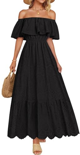 ZESICA Women's 2026 Summer Off Shoulder Ruffle Midi Dress Short Sleeve High Waist Hollow Out Embroidery Party Dresses,Black,Medium