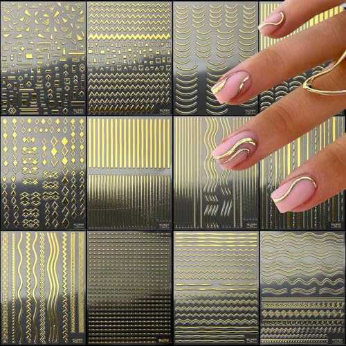 JMEOWIO Nagelsticker Goldene Linie French Tip 12 Blatt Nail Art Sticker Selbstklebend Nagelaufkleber Dekoration Nageldesign Zubehör