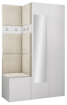 Mirjan24 Garderoben-Set Monati XXVI, Kleiderschrank mit Spiegel, Schuhschrank, 4 Doppelhaken, Kleiderhakenbrett, Gepolstertes Paneel/Wandpaneel, Flurgarderobe Wandgarderobe (Weiß, Abriamo 03)