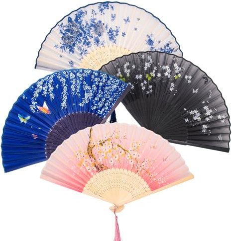 XXJXING 4 Stück Chinesischer Fächer,Klappbarer Handventilator,Geburtstagsfeiern，Hochzeiten，Tanzen，DIY Dekoration，Hausdekoration (4)