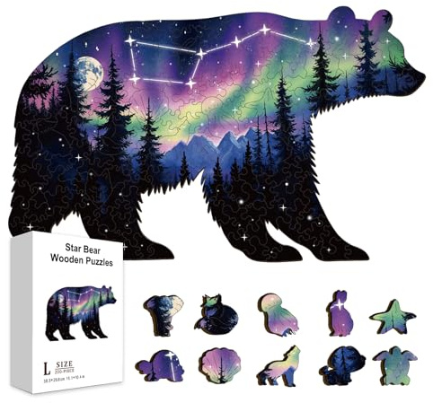 GLOBLELAND 200Pcs Starry Sky Aurora Wooden Puzzles for Adults 15.15x9.29 in Colorful Forest Bear Jigsaw Puzzles Wood Constellation Jigsaw Puzzle for Birthday Christmas